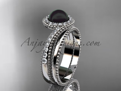 Platinum  Antique Black Pearl & Diamond Bridal Set ABP379S