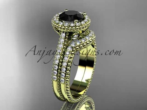 Vintage Black Diamond Bridal Set , 14kt Yellow Gold Halo Engagement Ring ADLR101S