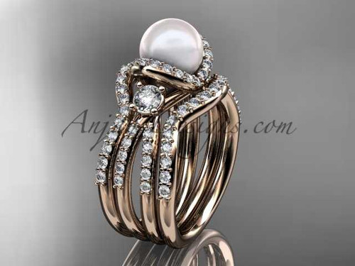 Pearl and diamond double band engagement ring 14kt rose gold bridal ring AP146S