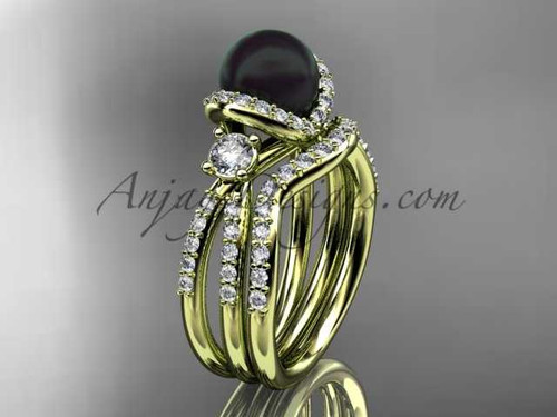 Black cultured pearl simple engagement ring 14kt yellow gold wedding ring set ABP146S
