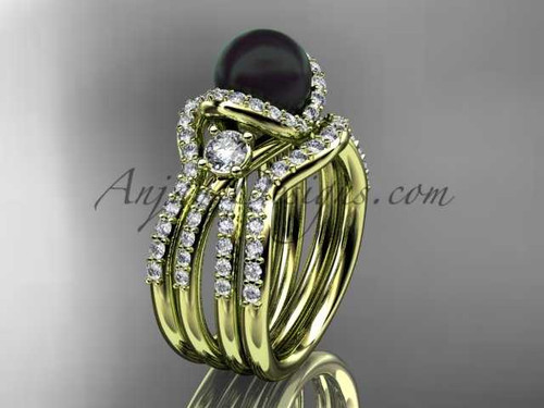 Black Pearl and diamond double band bridal ring 14kt yellow gold bridal ring ABP146S