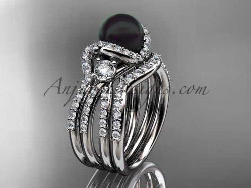 Black Pearl and diamond double band bridal ring platinum bridal ring ABP146S