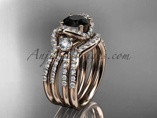 Solitaire Black Diamond double band wedding ring 14kt rose gold engagement ring ADER146S