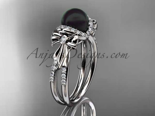 Bow black pearl wedding ring Platinum diamond engagement ring ABP155