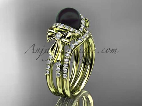Black pearl bridal set 14kt yellow gold diamond bow engagement ring ABP155S