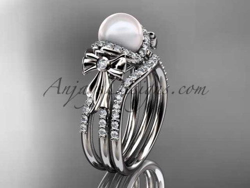 Pearl bridal set Platinum diamond bow wedding ring AP155S
