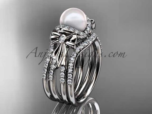Pearl engagement rings double band 14kt white gold diamond bow wedding ring AP155S