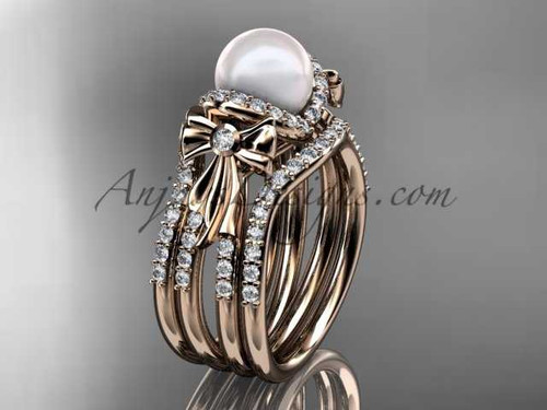 Pearl engagement rings double band 14kt rose gold diamond bow wedding ring AP155S