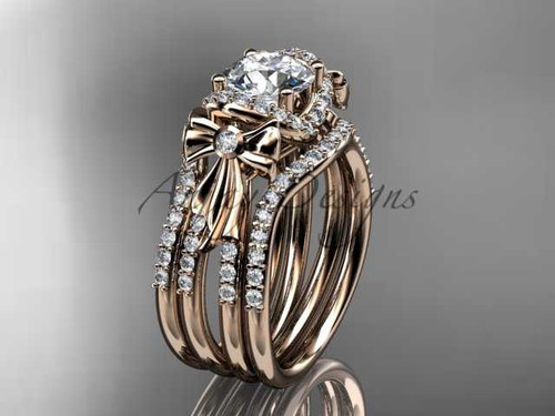 Engagement rings double band 14kt rose gold diamond bow wedding ring ADER155S