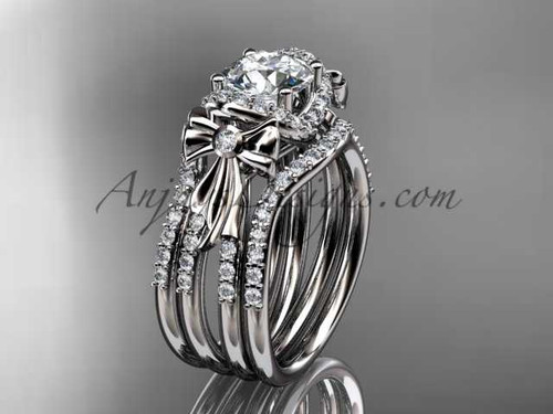 Moissanite Engagement rings double band Platinum diamond bow wedding ring ADER155S