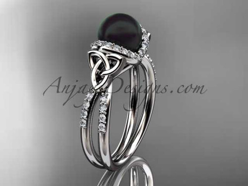 Celtic triquetra black pearl wedding ring Platinum diamond engagement ring CTBP7155
