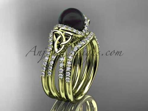 Celtic black pearl women's double band wedding ring 14kt yellow gold diamond engagement ring CTBP7155S