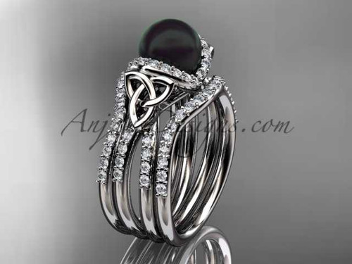 Celtic black pearl women's double band wedding ring Platinum diamond engagement ring CTBP7155S