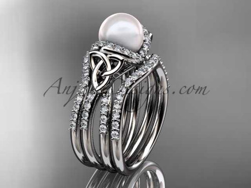 Celtic pearl women's double band wedding ring Platinum diamond engagement ring CTP7155S