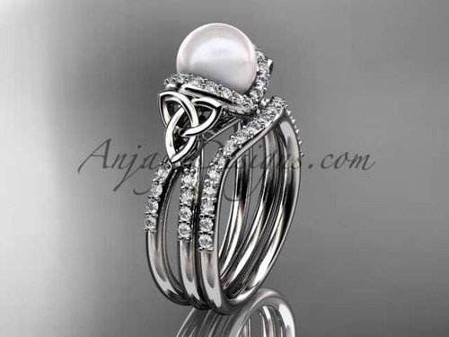 Celtic pearl womens wedding ring sets 14kt white gold diamond engagement ring CTP7155S