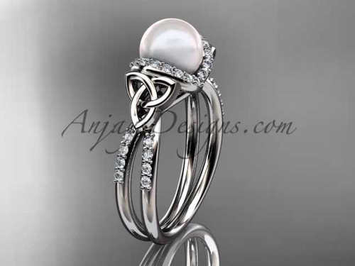 Celtic triquetra pearl wedding ring 14k white gold diamond engagement ring CTP7155