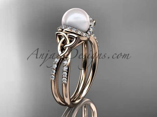 Celtic triquetra pearl wedding ring 14k rose gold diamond engagement ring CTP7155