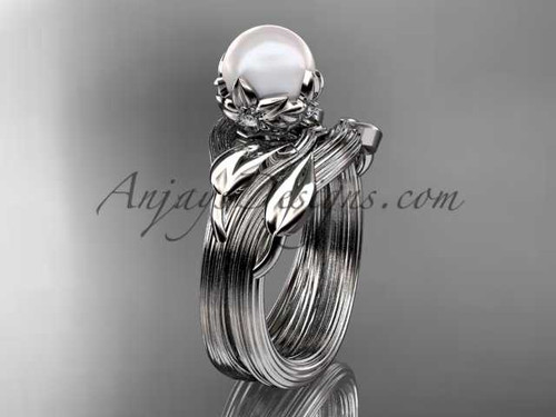 Pearl Bridal Set 14kt White Gold Diamond Leaf and Flower Engagement Ring AP240S