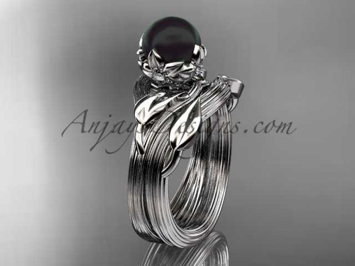 Black Pearl Bridal Set Platinum Diamond Leaf and Flower Engagement Ring ABP240S