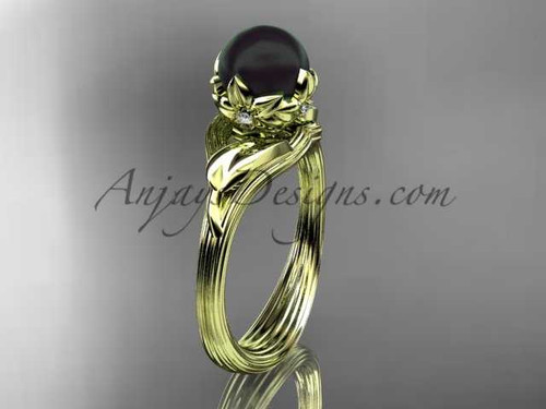 Black Pearl Bridal Ring 14kt Yellow Gold Diamond Leaf and Flower Engagement Ring ABP240
