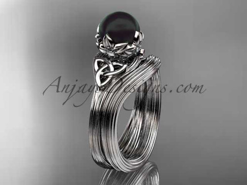 Black Pearl Triquetra Celtic Bridal Set 14kt White Gold Flower Diamond Engagement Ring CTBP7240S