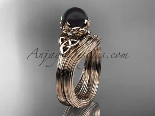 Black Pearl Triquetra Celtic Bridal Set 14kt Rose Gold Flower Diamond Engagement Ring CTBP7240S