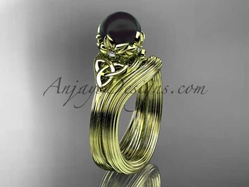 Black Pearl Triquetra Celtic Bridal Set 14kt Yellow Gold Flower Diamond Engagement Ring CTBP7240S