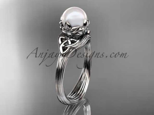 Pearl Triquetra Celtic Knot Bridal Ring 14kt White Gold Diamond Wedding Ring CTP7240