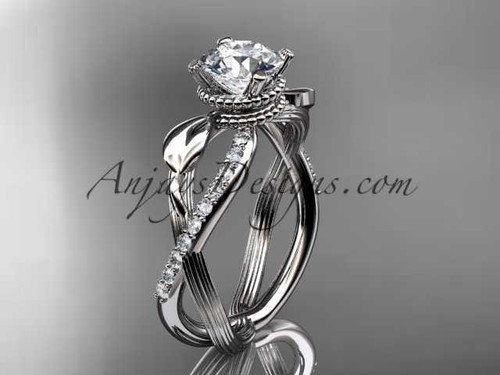 14kt white gold diamond leaf and vine wedding ring, engagement ring with "Forever One" Moissanite center stone ADLR70
