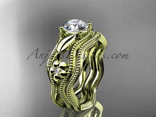 Leaf and Flower Diamond Engagement Ring 14kt Yellow Gold Bridal Ring ADLR382S