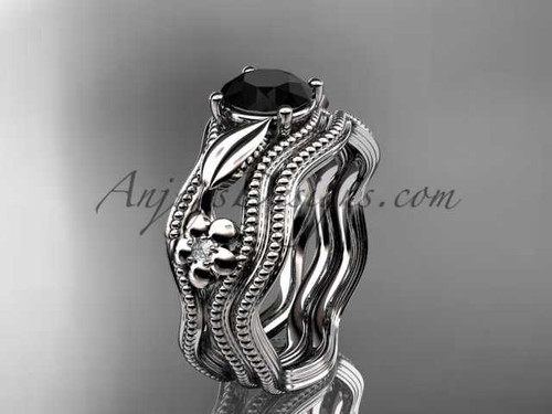 Leaf and Flower Black Diamond Engagement Ring 14kt White Gold Bridal Ring ADLR382S