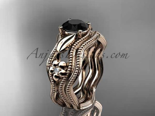 Leaf and Flower Black Diamond Engagement Ring 14kt Rose Gold Bridal Ring ADLR382S