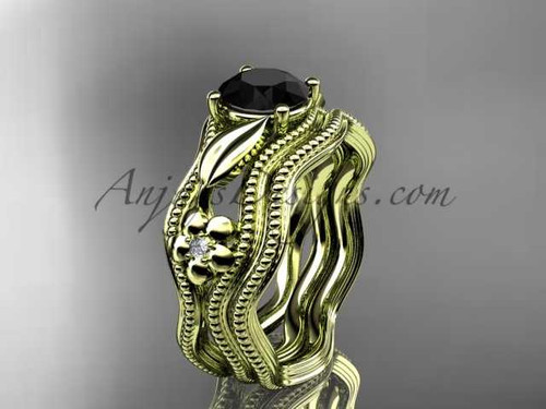 Leaf and Flower Black Diamond Engagement Ring 14kt Yellow Gold Bridal Ring ADLR382S