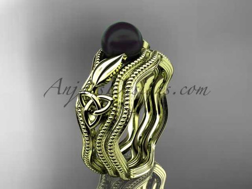 Black Pearl Celtic Bridal set 14kt Yellow Gold Engagement Ring CTBP7382S