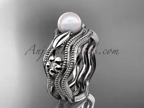 Pearl and Diamond Wedding Set platinum flower and leaf engagement ring AP382S