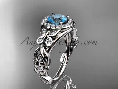 Aquamarine Engagement Ring, 14kt White Gold Diamond Butterfly Wedding Ring ADAM525 March's birthstone ring