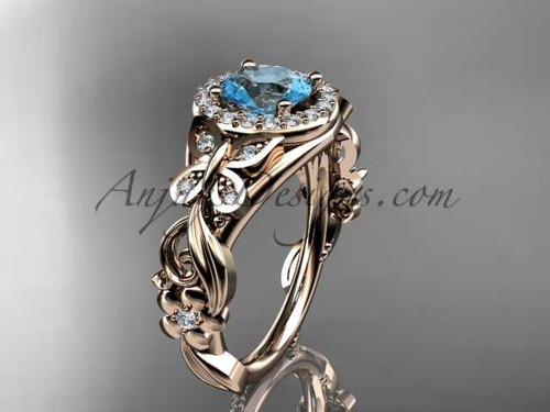 Aquamarine Engagement Ring, 14kt Rose Gold Diamond Butterfly Wedding Ring ADAM525 March's birthstone ring