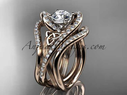 14kt rose gold diamond celtic trinity knot wedding ring, engagement ring with double matching band CT7369S