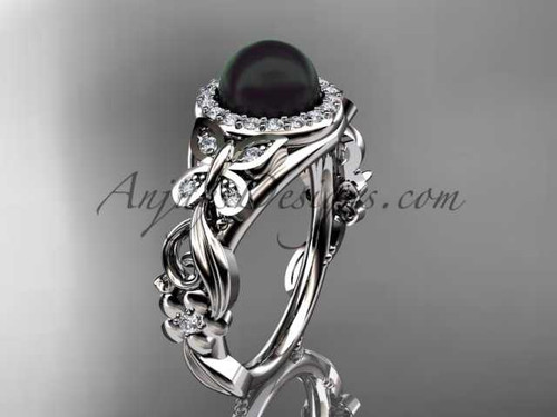 Black Pearl Wedding Rings Platinum Diamond Butterfly Bridal Ring ABP525