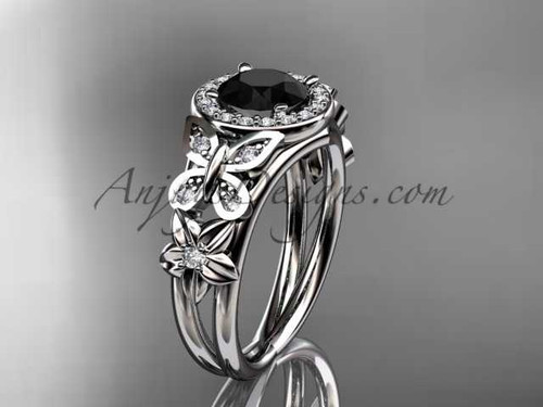 Butterfly engagement rings 14kt white gold diamond flower Black Diamond wedding ring ADLR524