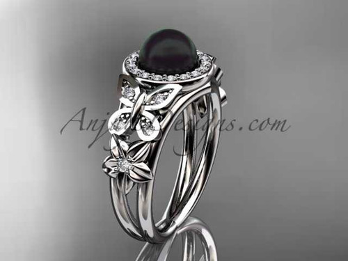 Black Pearl and Diamond Rings 14kt white gold diamond flower wedding ring ABP524