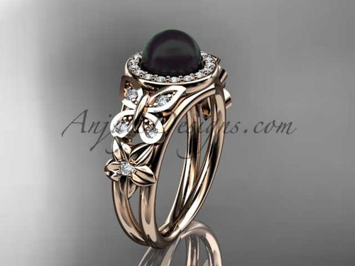 Black Pearl and Diamond Rings 14kt rose gold diamond flower wedding ring ABP524