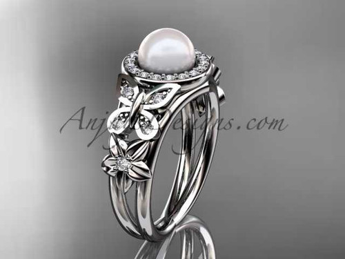 Pearl and Diamond Rings 14kt white gold diamond flower wedding ring AP524