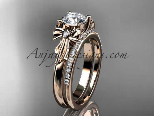 14kt rose gold diamond unique engagement set, wedding ring with a "Forever One" Moissanite center stone ADER154S