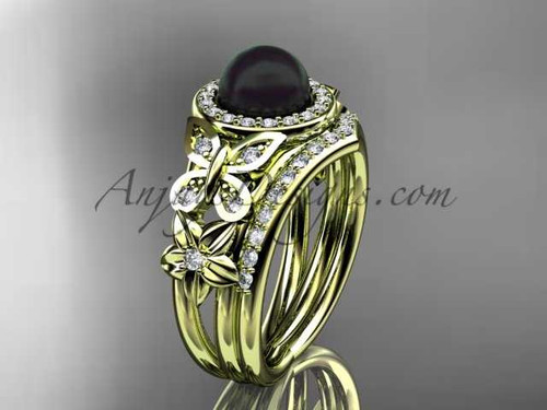 Pearl Engagement Ring Set 14kt yellow gold butterfly ring with diamonds ABP524