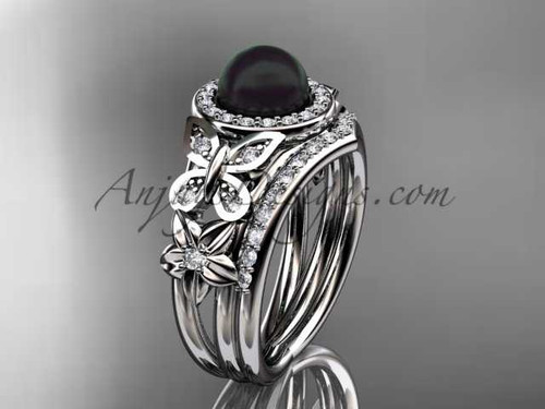 Pearl Engagement Ring Set Platinum butterfly ring with diamonds ABP524