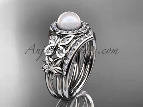 Pearl Engagement Ring Set Platinum butterfly ring with diamonds AP524