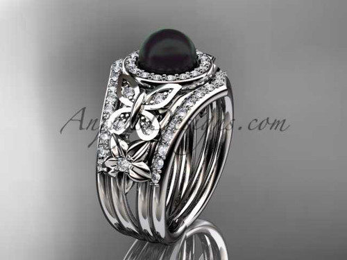 Pearl Double Band Ring Set 14kt white gold floral wedding ring with diamonds ABP524