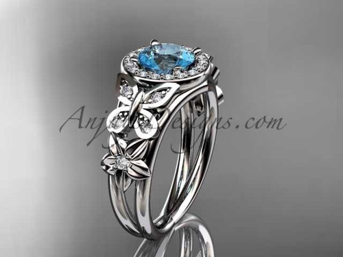 Aquamarine Engagement Rings, 14kt White Gold Halo Diamond Butterfly Bridal Ring ADAM524 March's birthstone flower ring
