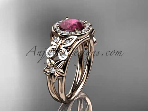Ruby Engagement Rings, 14kt Rose Gold Flower Bridal Ring, Halo Diamond Ring ADRB524 July's birthstone Butterfly ring